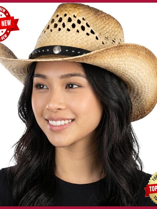 Straw Cowgirl Hat with Embroidered Trim and Buckles Adjustable Sun Hat